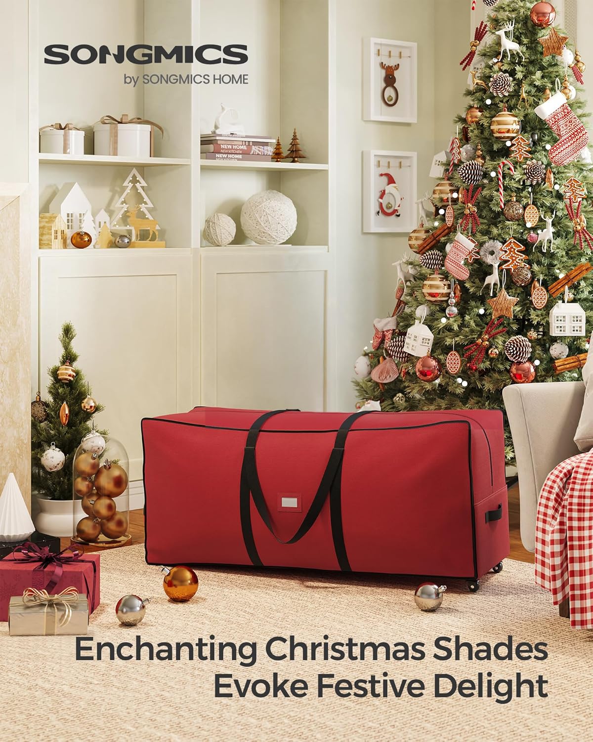 SONGMICS Christmas Tree Storage Bag - Rolling Design with 1.6-Inch Wheels, Adjustable Handles, 7.5 ft, Cherry Red