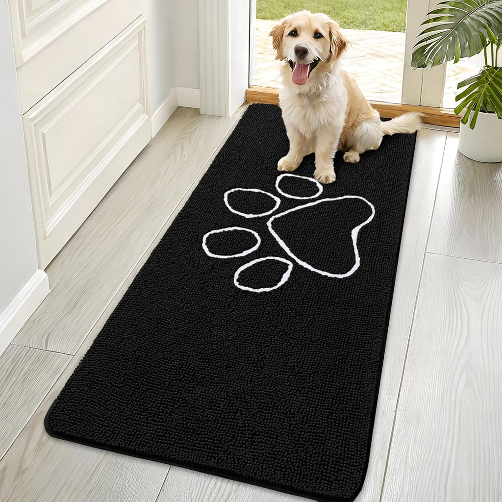 OLANLY Dog Door Mat - Absorbent Non-Slip Mud Mat for Muddy Paws | 70x35, Quick Dry Chenille, Black