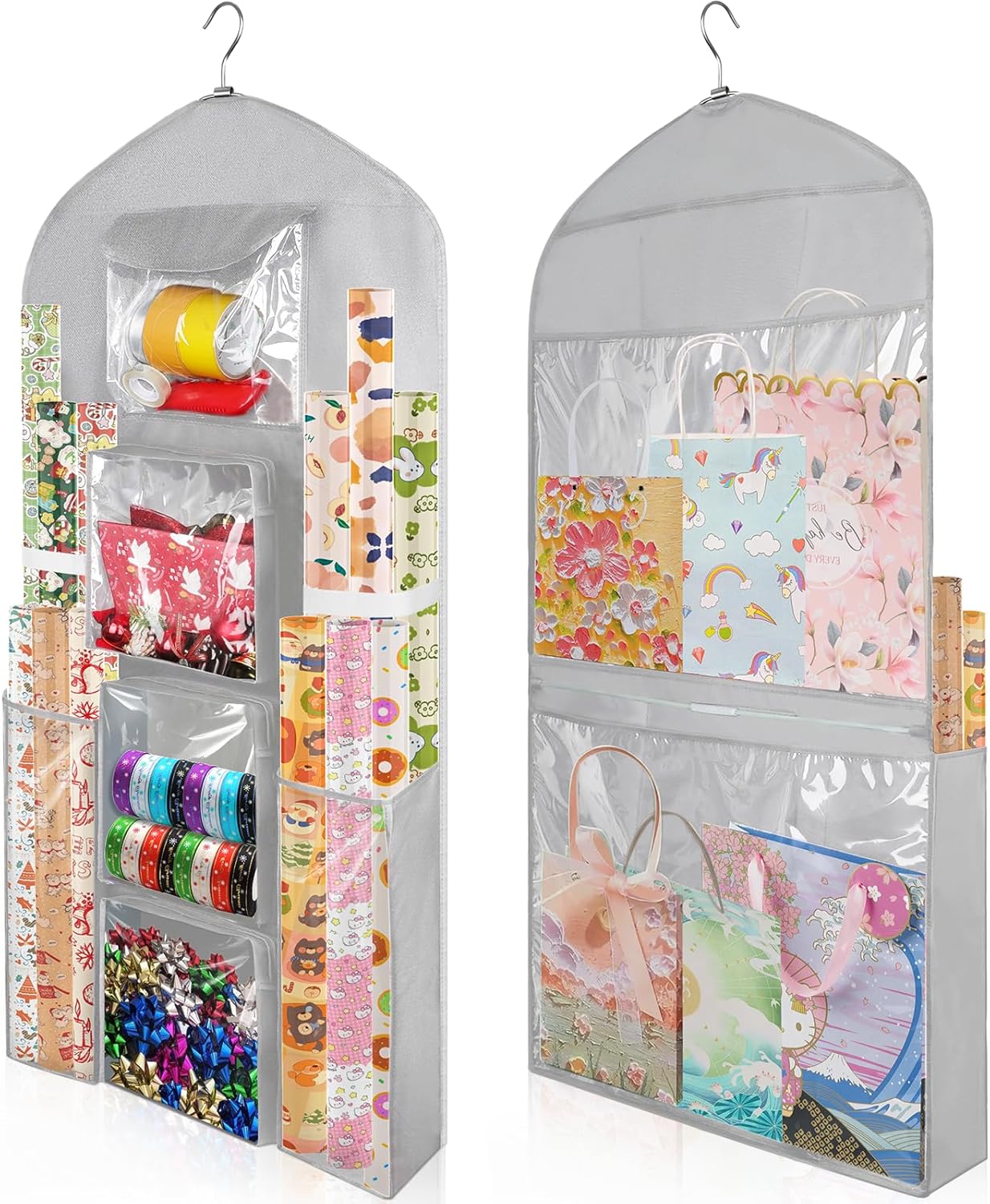 Woodoulogy Extra Large Gift Wrapping Paper Storage - 48x24 Grey Double-Sided Organizer Bag