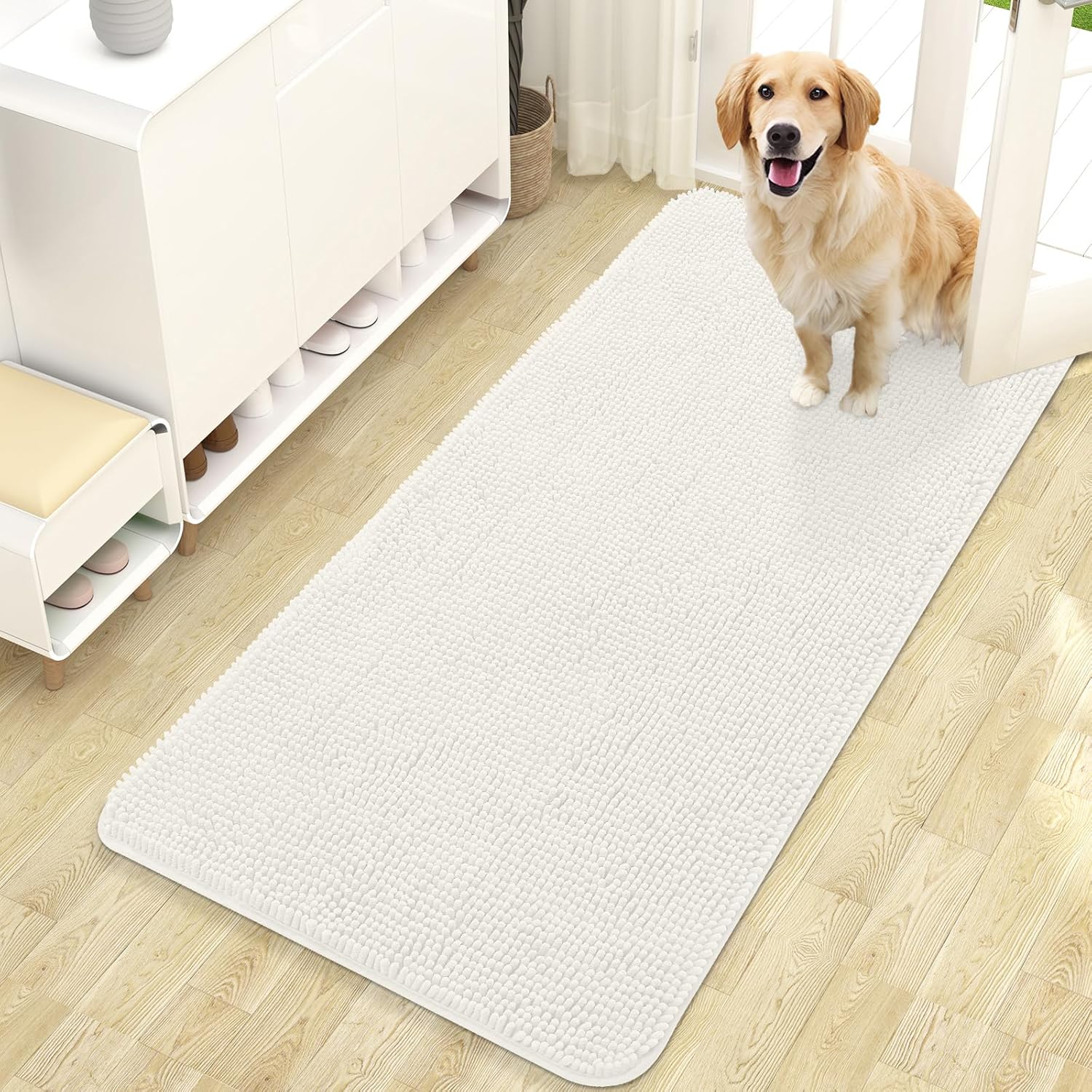 OLANLY Dog Door Mat - Absorbent Non-Slip Washable Chenille Mat for Muddy Paws | 47x24 Inches, Ivory