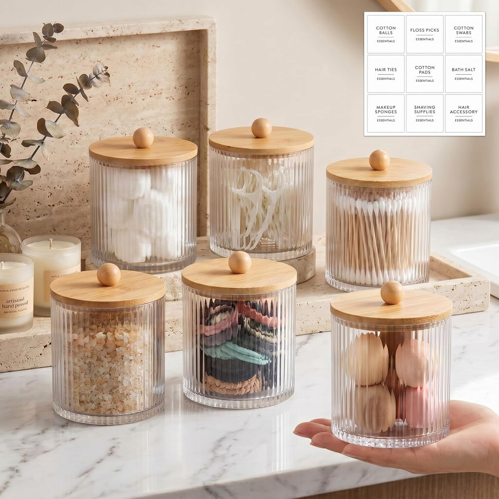 Yaomiao 6 Pcs Ribbed Bathroom Canisters - Stylish Apothecary Jars with Bamboo Lids & Labels | 18 oz Storage for Cotton Balls, Swabs, Floss Picks