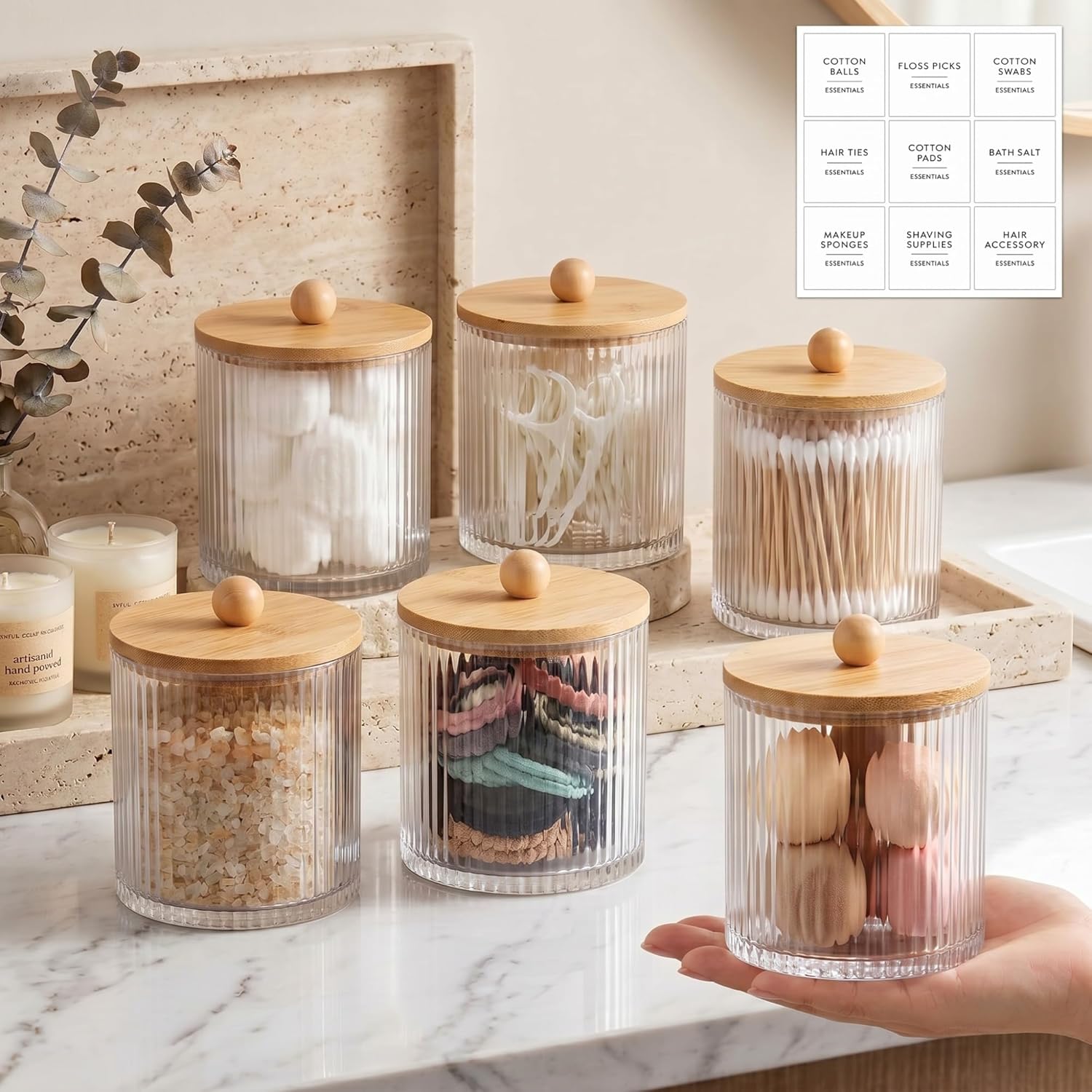 Yaomiao 6 Pcs Ribbed Bathroom Canisters - Stylish Apothecary Jars with Bamboo Lids & Labels | 18 oz Storage for Cotton Balls, Swabs, Floss Picks