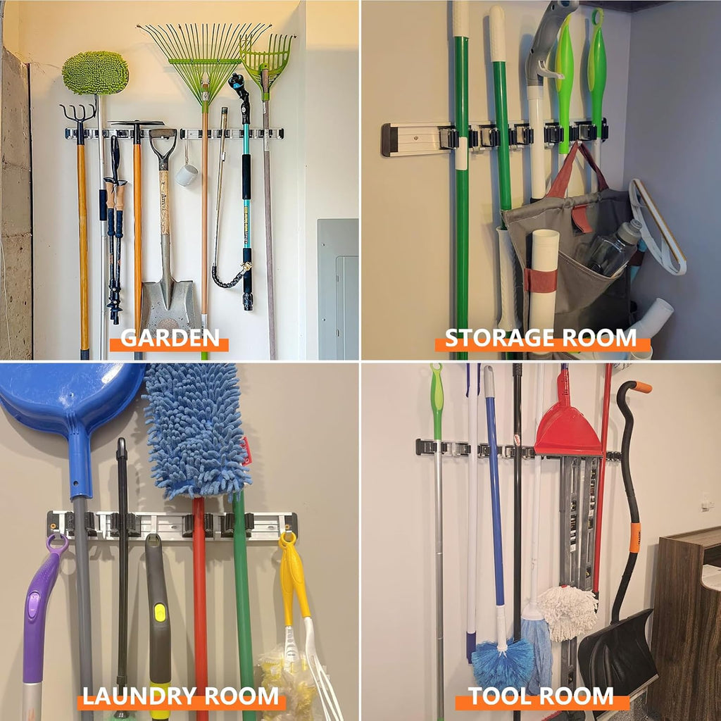 Reliahom Broom Holder Wall Mount - 5 Racks & 4 Hooks for Organized Garage, Kitchen, Garden, Laundry Room