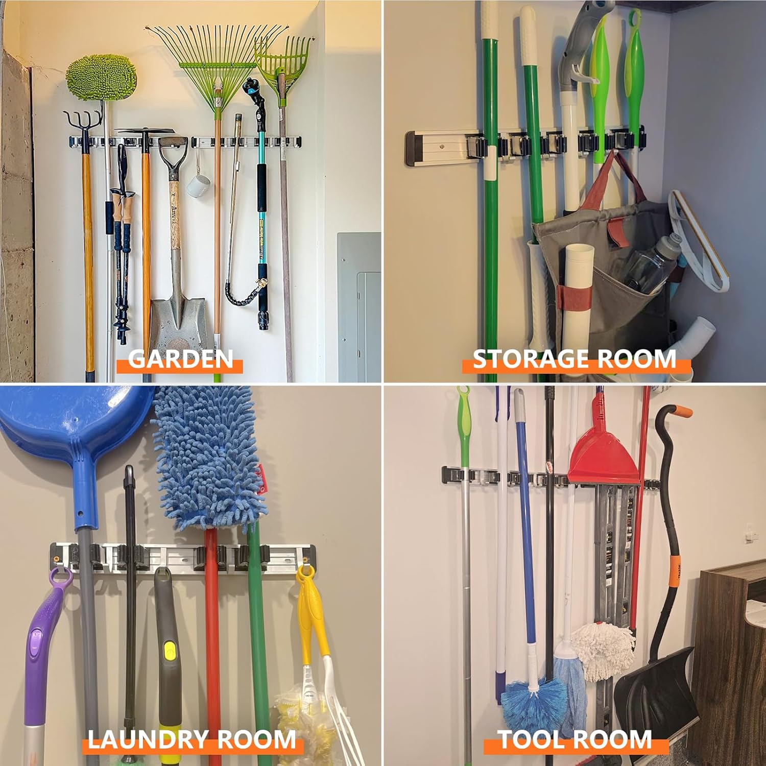 Reliahom Broom Holder Wall Mount - 5 Racks & 4 Hooks for Organized Garage, Kitchen, Garden, Laundry Room