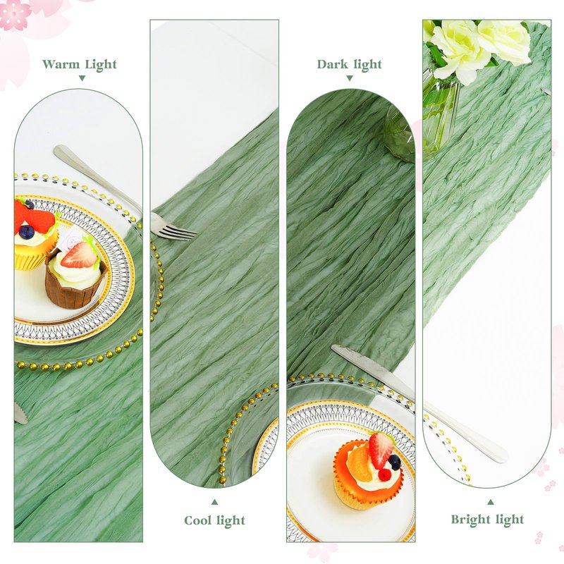 Eternal Beauty 6 Pack Sage Green Cheesecloth Table Runners - 35x120 in - 10FT Gauze Fabric Boho Table Decor - Rustic Sheer Wedding Runner for Baby Shower, Birthday Party & Special Events
