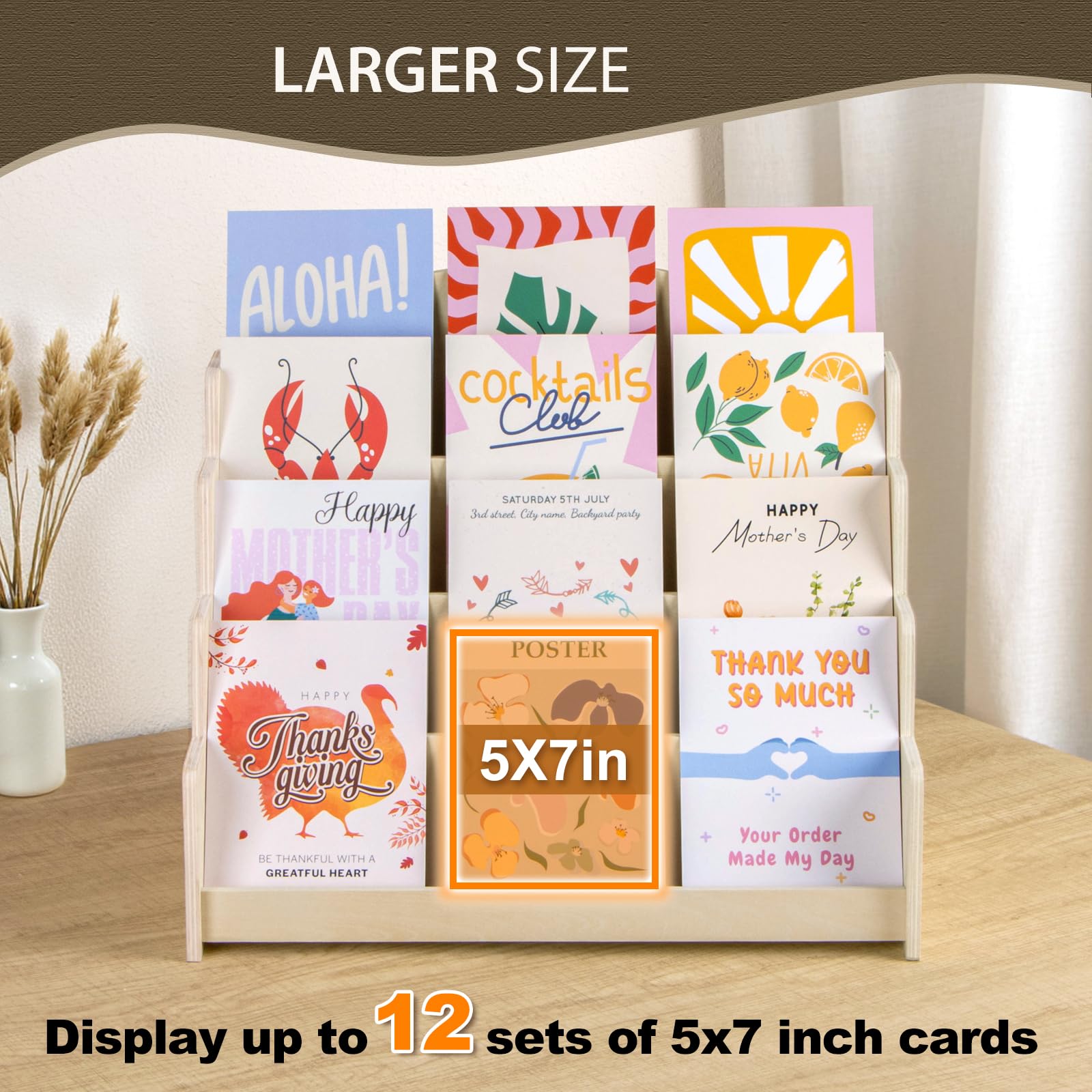 PUERSI Greeting Card Display Stand Holder - 4-Tier Wooden Organizer Rack for Retail Stores, Postcards, Stickers & Stationery Vendors Beige