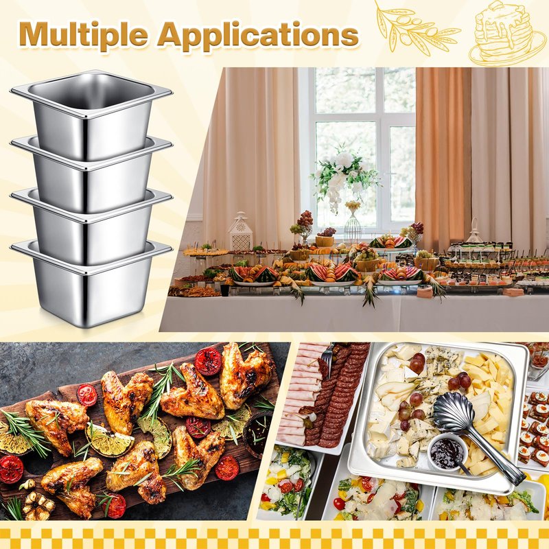 Rtteri 22 Pcs 1/6 Size 4 Inch Deep Stainless Steel Hotel Pans Set: 16 Metal Buffet Steam Table Pans with 2 Tongs & 4 Spoons – Stackable & Anti Jam, Commercial Restaurant Catering Kitchen Food Prep
