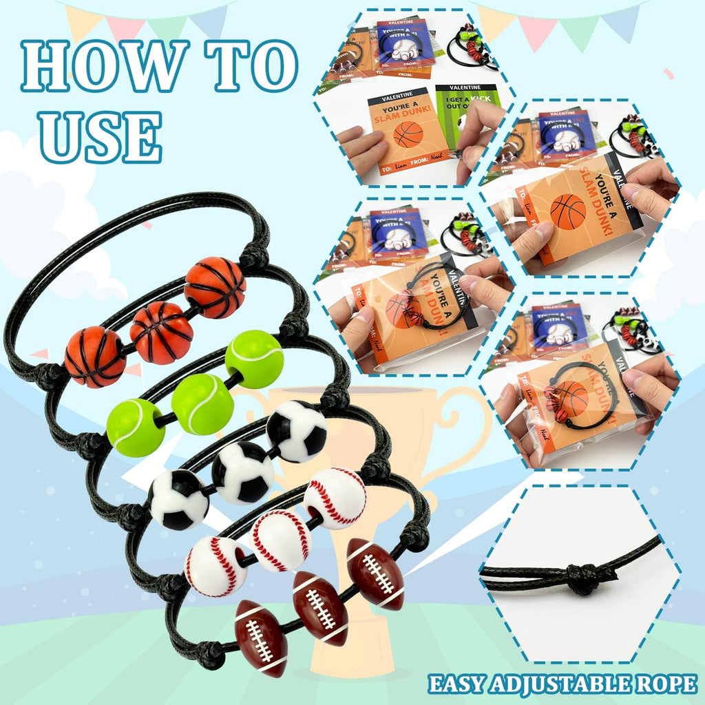 Skiennix Sports Valentine's Day Gift Cards - 30 Pack Adjustable Bracelets for Kids | Non-Candy Treats & Party Favors
