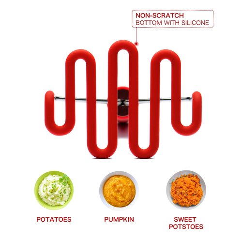 Jell-Cell Potato Masher - Silicone Protect Body with Premuim Stainless Steel Non-Scratch Cookware for Smooth Mashed Potato Vegetables and Fruits Color Red
