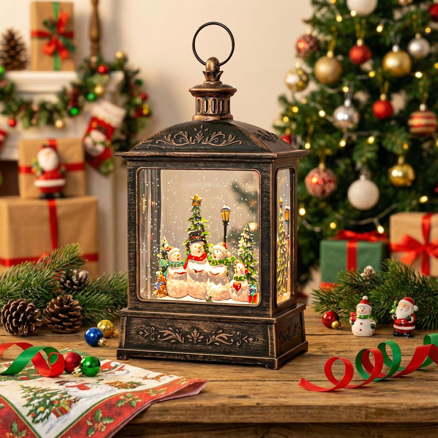 Skiennix 12.5'' Christmas Snow Globe Lantern - Lighted Snowman Choir with Musical Features | Battery Operated & USB Powered Home Decoration