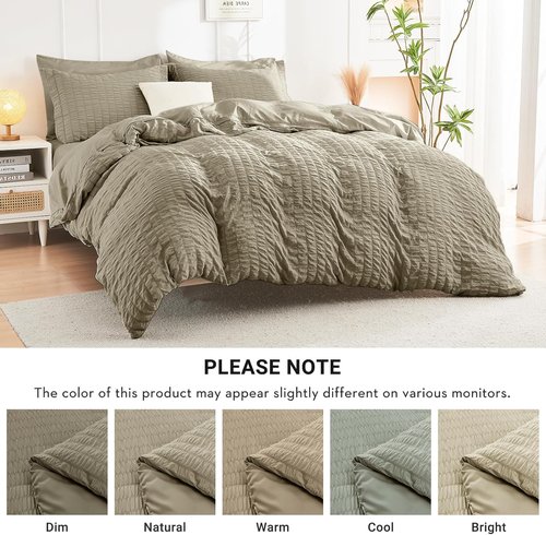 HYMOKEGE Linen Full Size Comforter Set - 7-Piece Seersucker Luxury Bedding in a Bag | All-Season Comfort