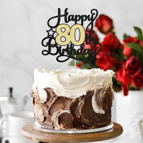 Happy 80th Birthday Cake Topper by [Brand Name] - Black Gold Glitter Design for Celebration
