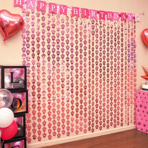 MENSTARSI Cat Birthday Decorations - 2 Pack Pink Cat Paw Party Supplies | 3.3x6.6 ft Foil Fringe Curtains & Tinsel Backdrop