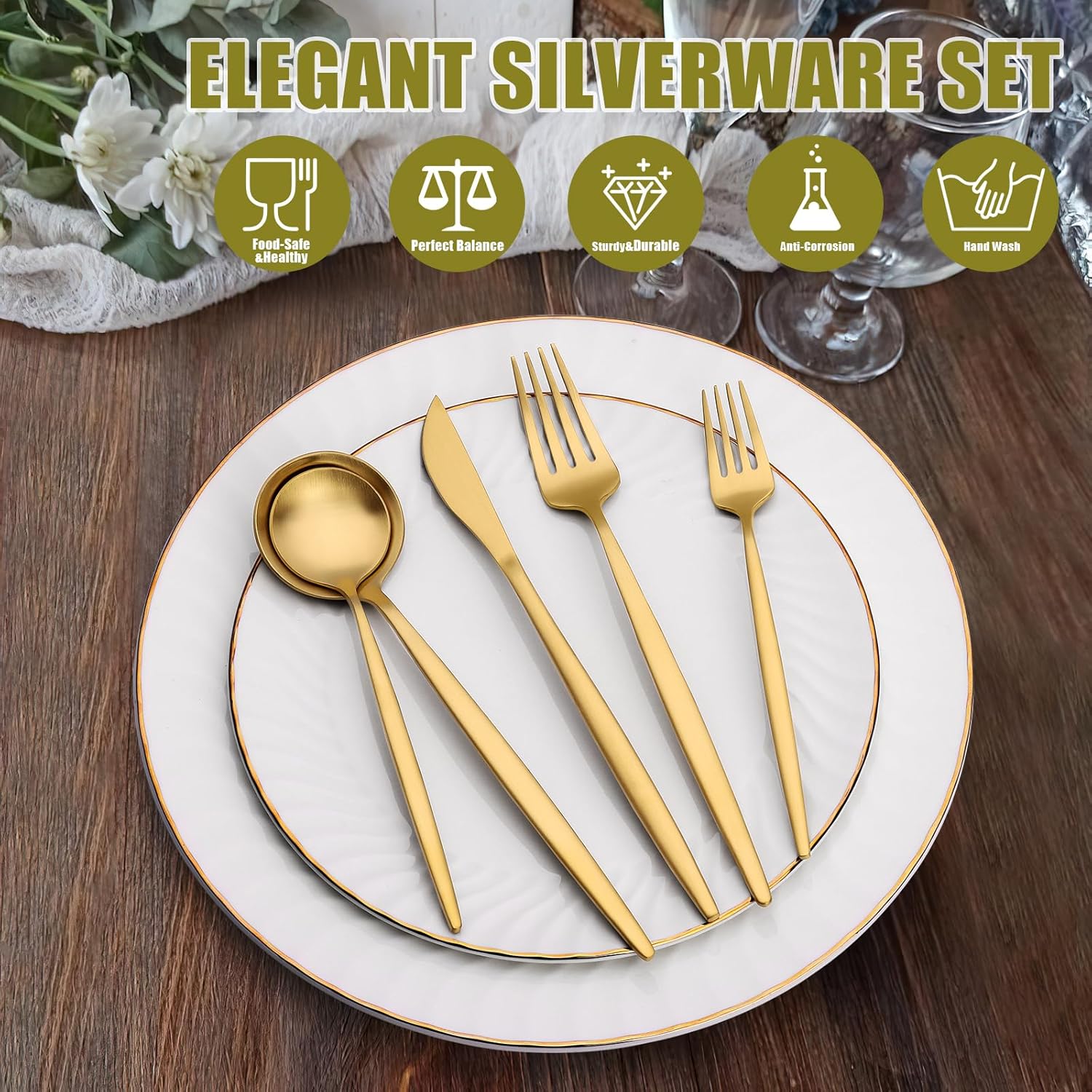 Terlulu 20-Piece Gold Silverware Set | Stainless Steel Flatware for 4 | Elegant Tableware for Home & Events