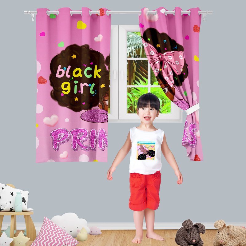Jiospet African Girl Curtains Black Girl Curtains Room Decor Blackout Window Drapes Pink Princess Drapes for Girls Bedroom 2 Panel Sets, 82''×63''