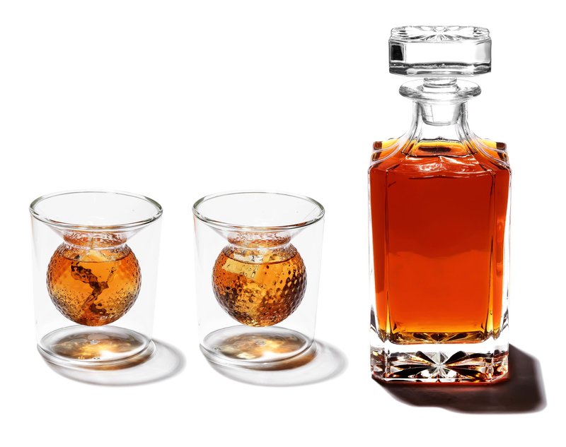 Golf Whiskey Gift Set | Crystal Decenter with 2 Double Wall Crystal Clear Glasses|Perfect Golf Gift Set | 700ml Decanter with two 5oz Golf themed Whiskey Cups