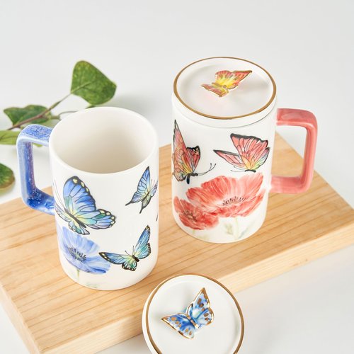 CHEONGWANG Korea Hand Painted Ceramic Butterfly Mug with Lid Gold 24K Mom Women Wedding Gift 14oz