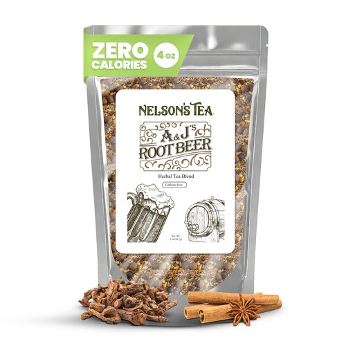 Nelson's Tea A&J's Root Beer - Cut & Sifted Sarsaparilla Root Tea Loose Leaf - Caffeine Free, Harmonious Herbal Blend of Burdock, Birch Bark, Dandelion and More (4 oz)