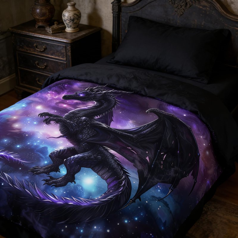 CCoutueChen Kids Dragon Bedding Set for Boys, Purple Blue Outer Space Comforter Set Twin Size, Fairy Tale Style Quilted Bed Set for Children Teens Room Decor/68 * 86