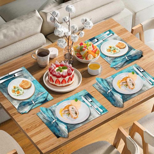 MCALK 4 Each Turquoise Placemats and Cloth Napkins Set of 8, Modern Abstract Art Painted Placemat for Home Kitchen Decor (Placemats 18 "x12 Cloth Napkins 18 "x18)