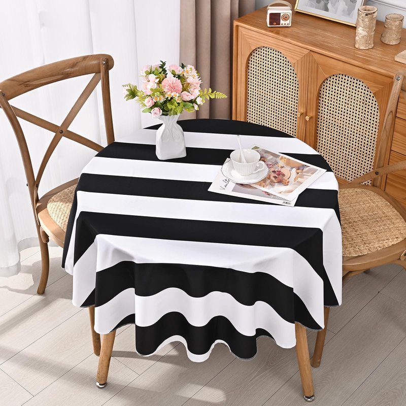 ASPMIZ Black and White Striped Tablecloth for Round Tables, Geometric Stripe Waterproof Table Cloth for Kitchen Dining Room, Polyester Tablecloth Round 60”