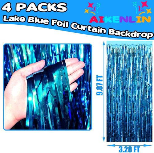 Lake Blue Foil Fringe Curtains - 4 Pack Metallic Tinsel Backdrop | 3.2Ft x 9.8Ft for Parties & Events