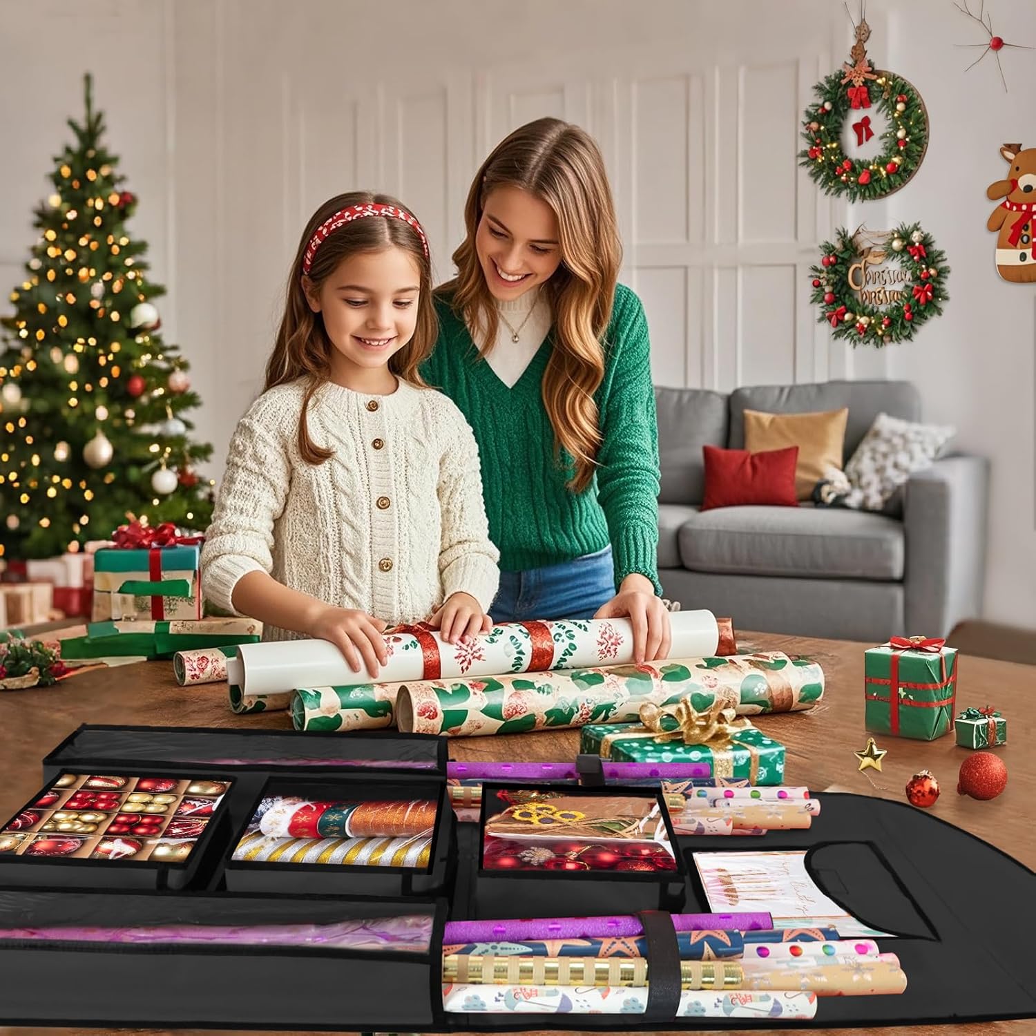Woodoulogy Gift Wrapping Paper Storage - 40"x17" Black Double-Sided Organizer for Christmas Wrap