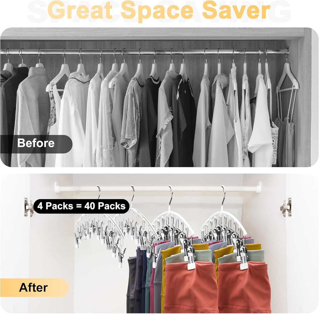 Skiennix Legging Organizer - Space-Saving Metal Yoga Pants Hanger with 10 Clips - White 4-Pack