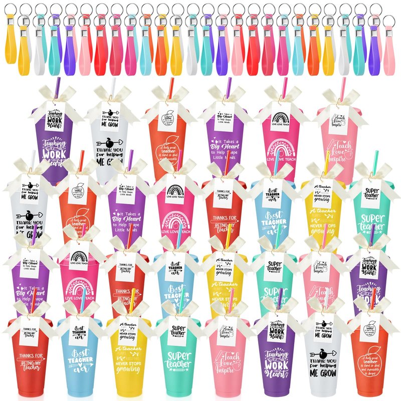 SiliFine 30 Sets Thank You Teachers Appreciation Gifts Bulk, 24 oz Plastic Tumblers with Lids and Straws Reusable Coffee Cups with Silicone Keychains, Bow-knots and Cards(Appreciated)