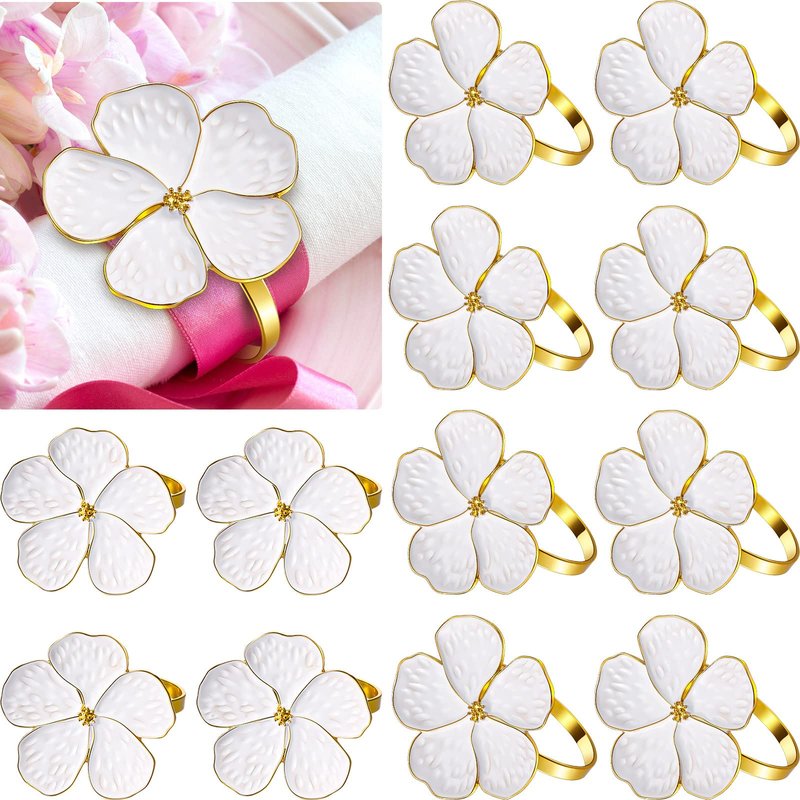 Patelai 24 Pcs White Flower Napkin Rings Bulk Gold Cloth Napkin Holder Set Floral Serviette Buckles Table Decor for Mothers Day Wedding Banquet Birthday Baby Shower Dinner Daily Use