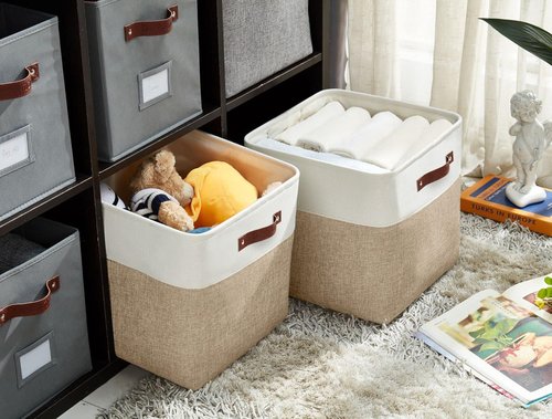 DECOMOMO Storage Cubes - 11x11 Cube Storage Bins | Beige & White, 4 Pack for Organized Shelving