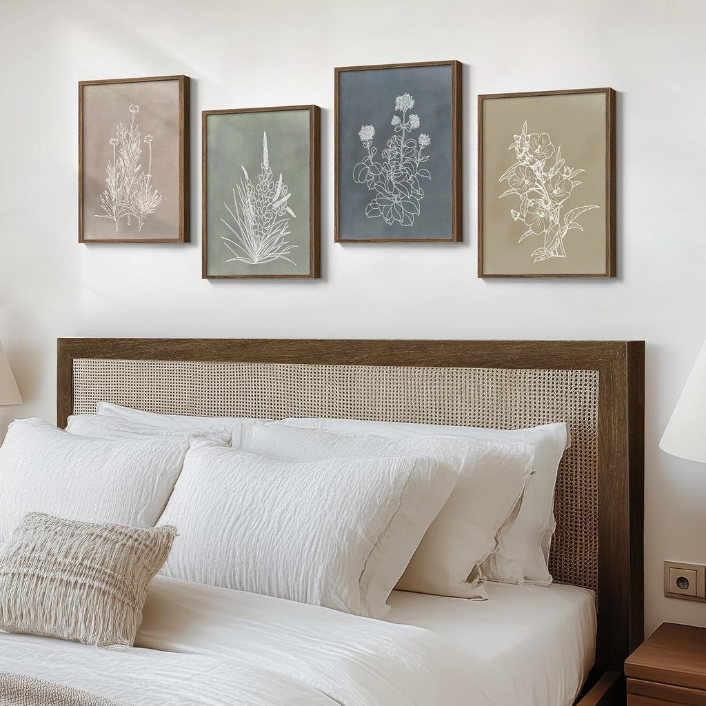 Skiennix Framed Boho Botanical Wall Art - 4 Piece Rustic Floral Canvas Set for Modern Decor