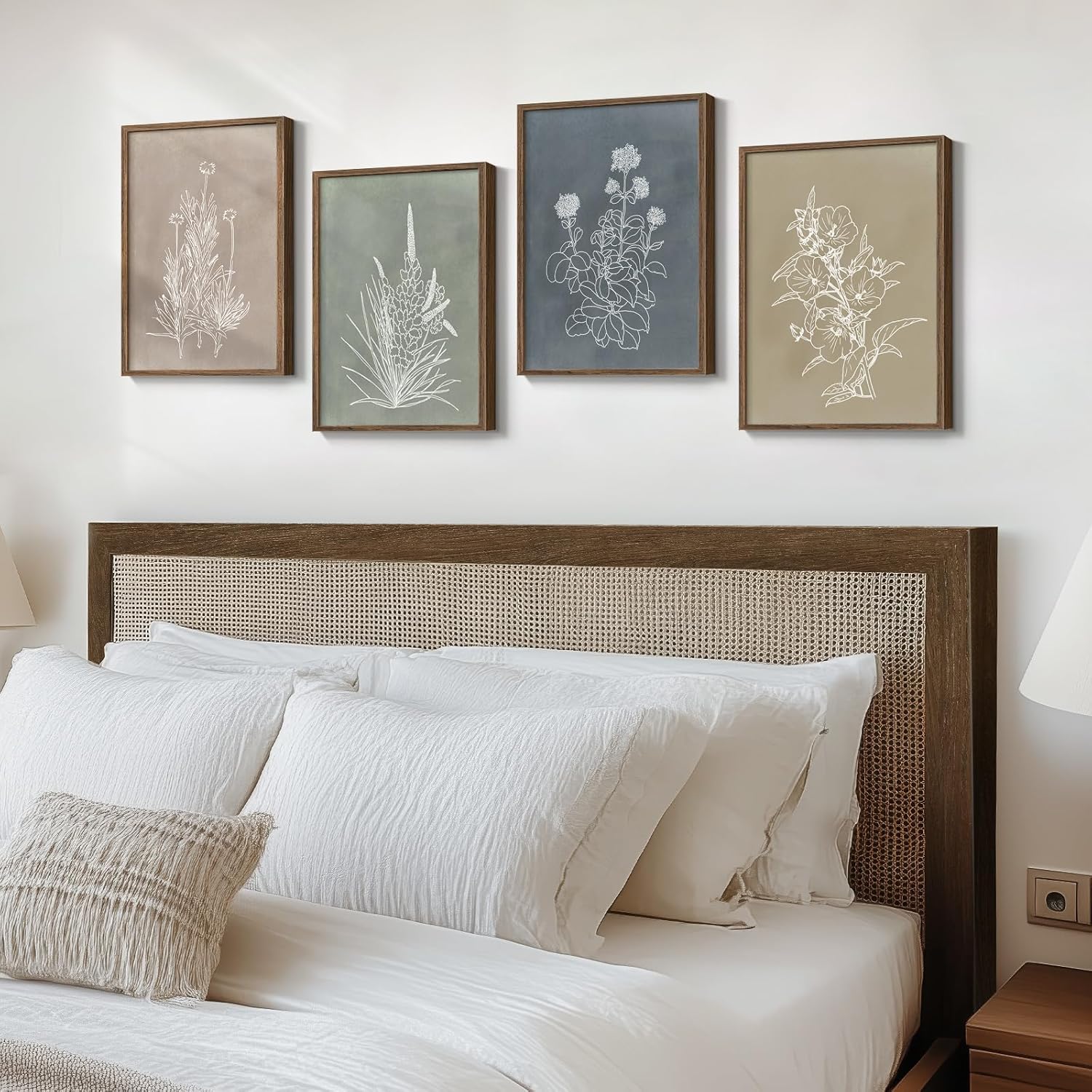 Skiennix Framed Boho Botanical Wall Art - 4 Piece Rustic Floral Canvas Set for Modern Decor