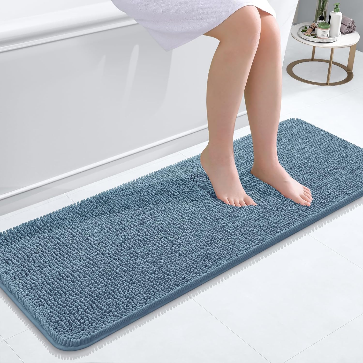 OLANLY Bathroom Runner Rugs - Soft Absorbent Chenille Bath Mats | Quick Dry, Machine Washable, 47x17, Airy Blue