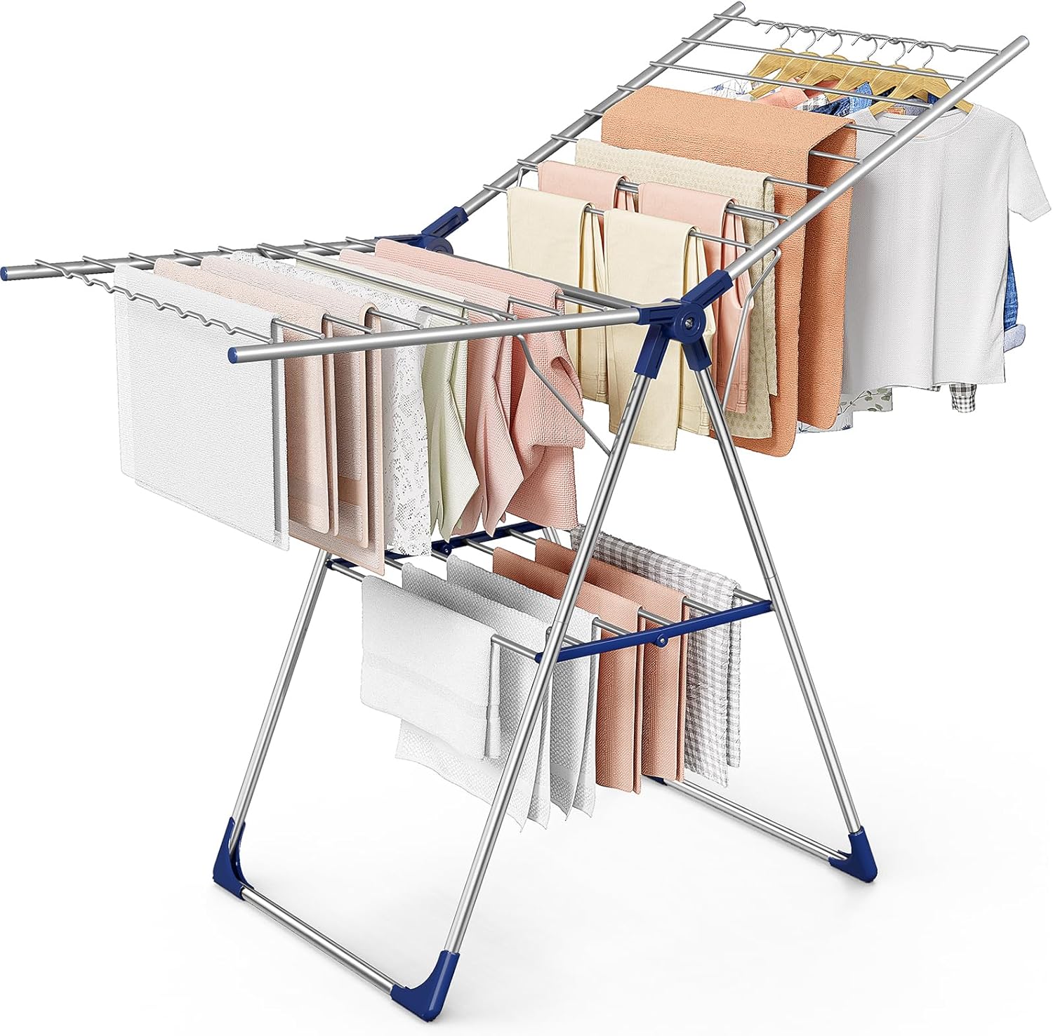 Sakugi Clothes Drying Rack - Height-Adjustable Metal Laundry Dryer Stand | Free-Standing & Collapsible, 55.5" L × 22.8" W, Silver Blue