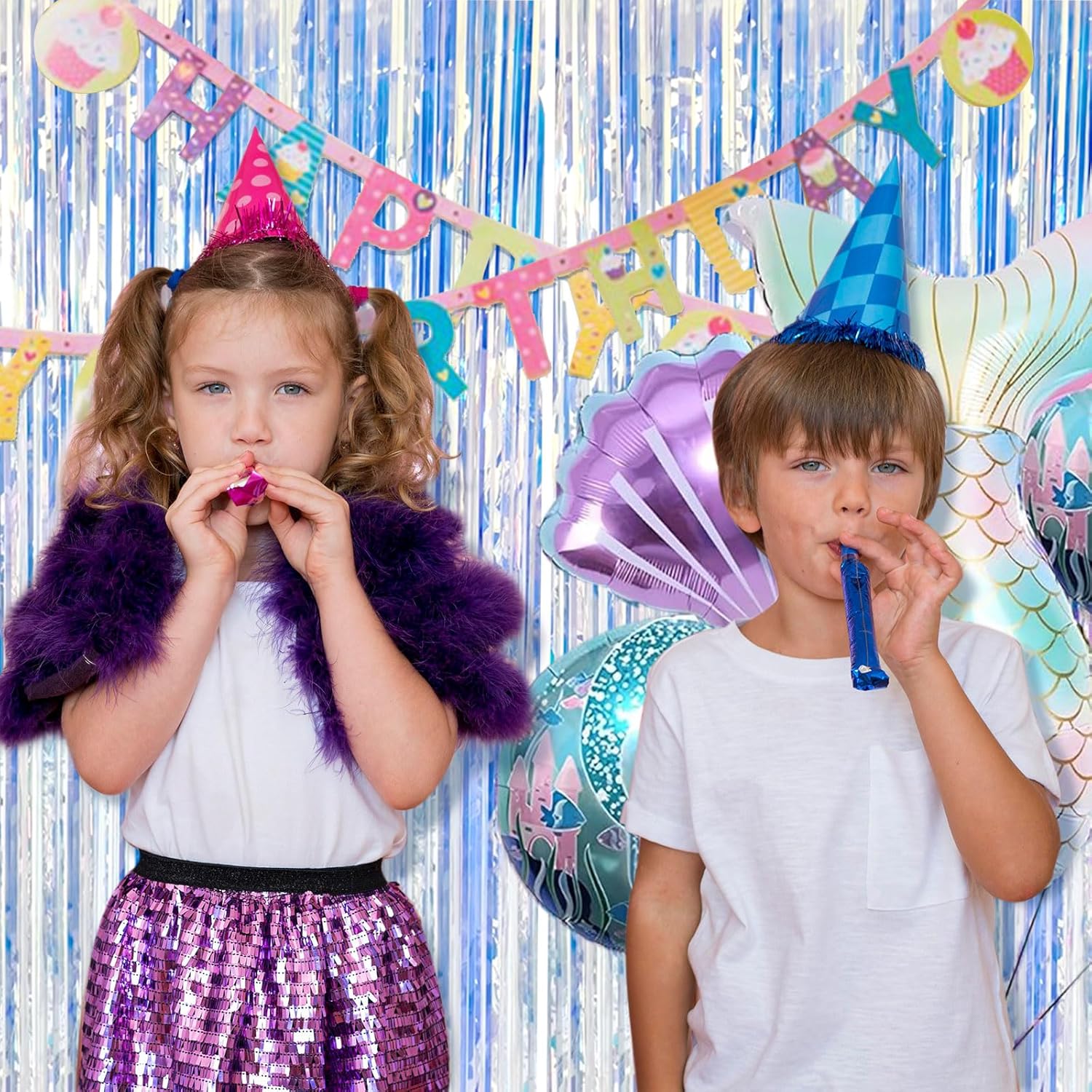 Skiennix 20 Pack Foil Curtain Backdrop - Iridescent Metallic Tinsel Fringe for Parties & Events