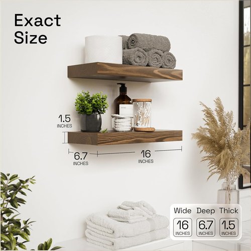 BAOBAB WORKSHOP Floating Wood Shelves - 16-Inch Walnut Wall-Mounted Set of 2 for Bathroom & Kitchen
