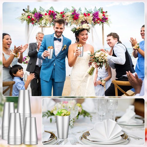 Jingmore 100 Pack 16 oz Disposable Plastic Cups Aluminum Party Tumbler Stackable Plastic Drinking Cups for Hot Cold Drinks Coffee Cocktail Beverage for Wedding Birthday Graduation Picnic(Silver)