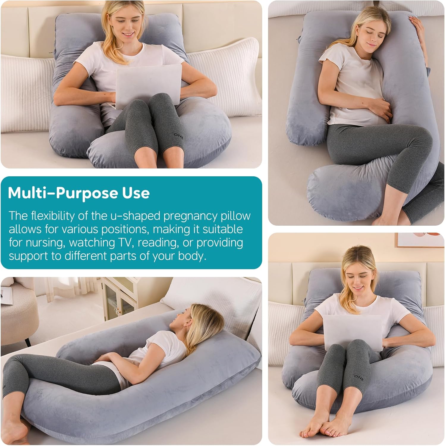 Skiennix U-Shaped Pregnancy Pillow - Full Body Support for Back, Hips & Belly | 65-Inch Velvet Grey Maternity Essential