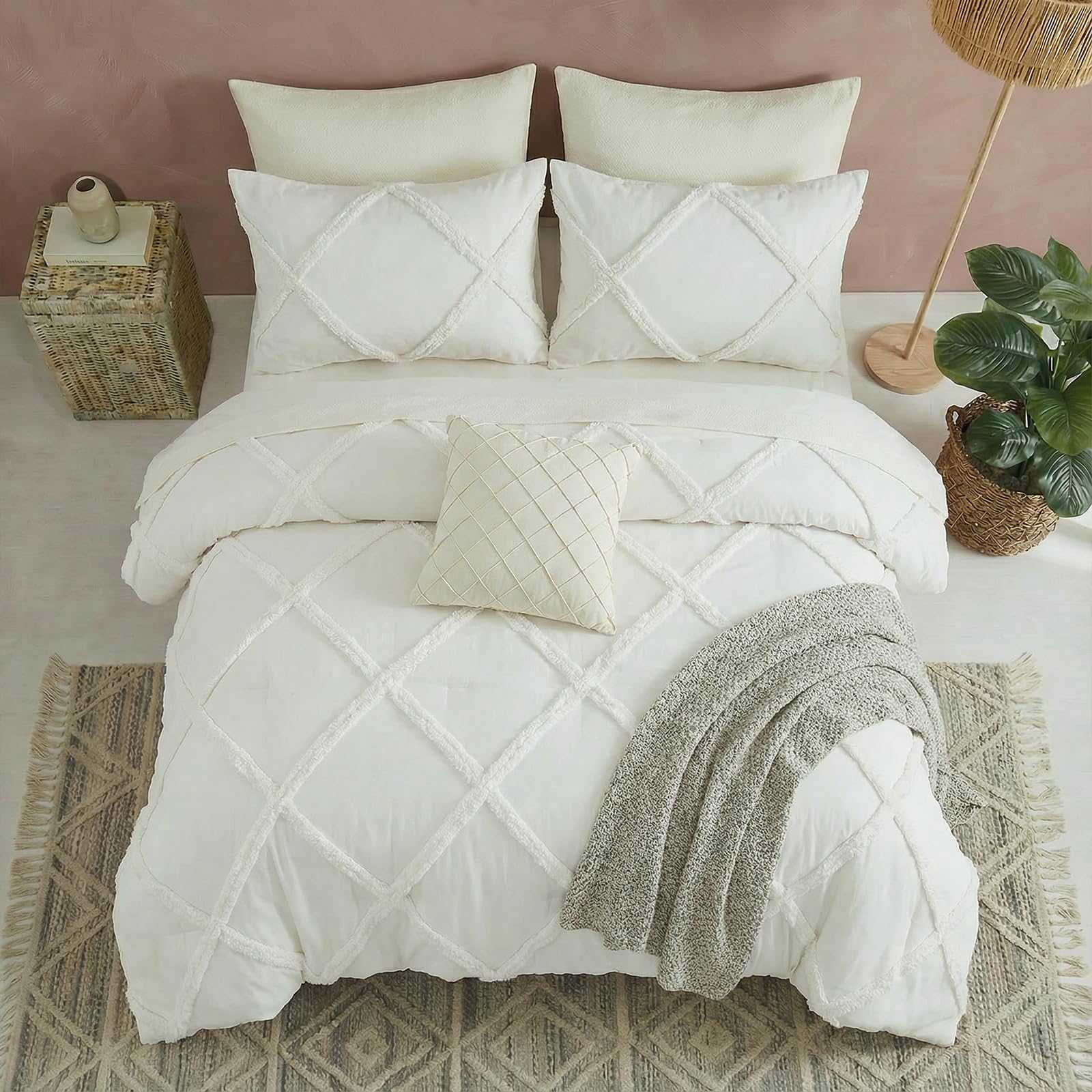 Bedbay White Tufted Comforter Set Queen Size Shabby Chic Boho Bedding Comforter 3 Pcs Lightweight Microfiber Filling Farmhouse Style All Seasons Queen Bed Set