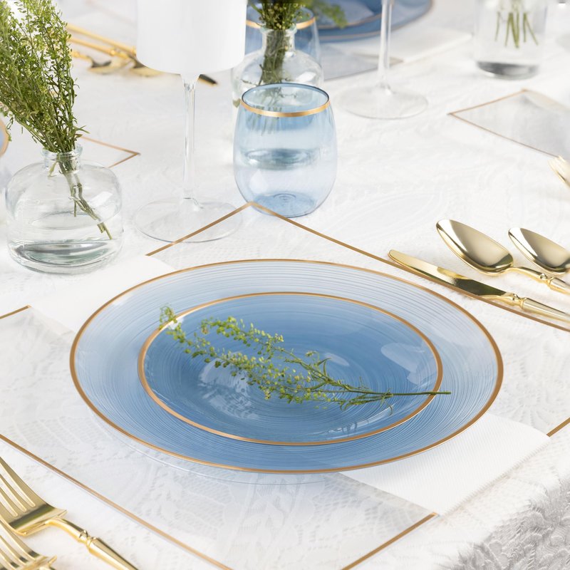 PLASTICPRO 128 Pieces Crystal Design Plastic Plates Combo Pack 7 inch and 10 inch Gold Rim Elegant Disposable Plates, Transparent Blue