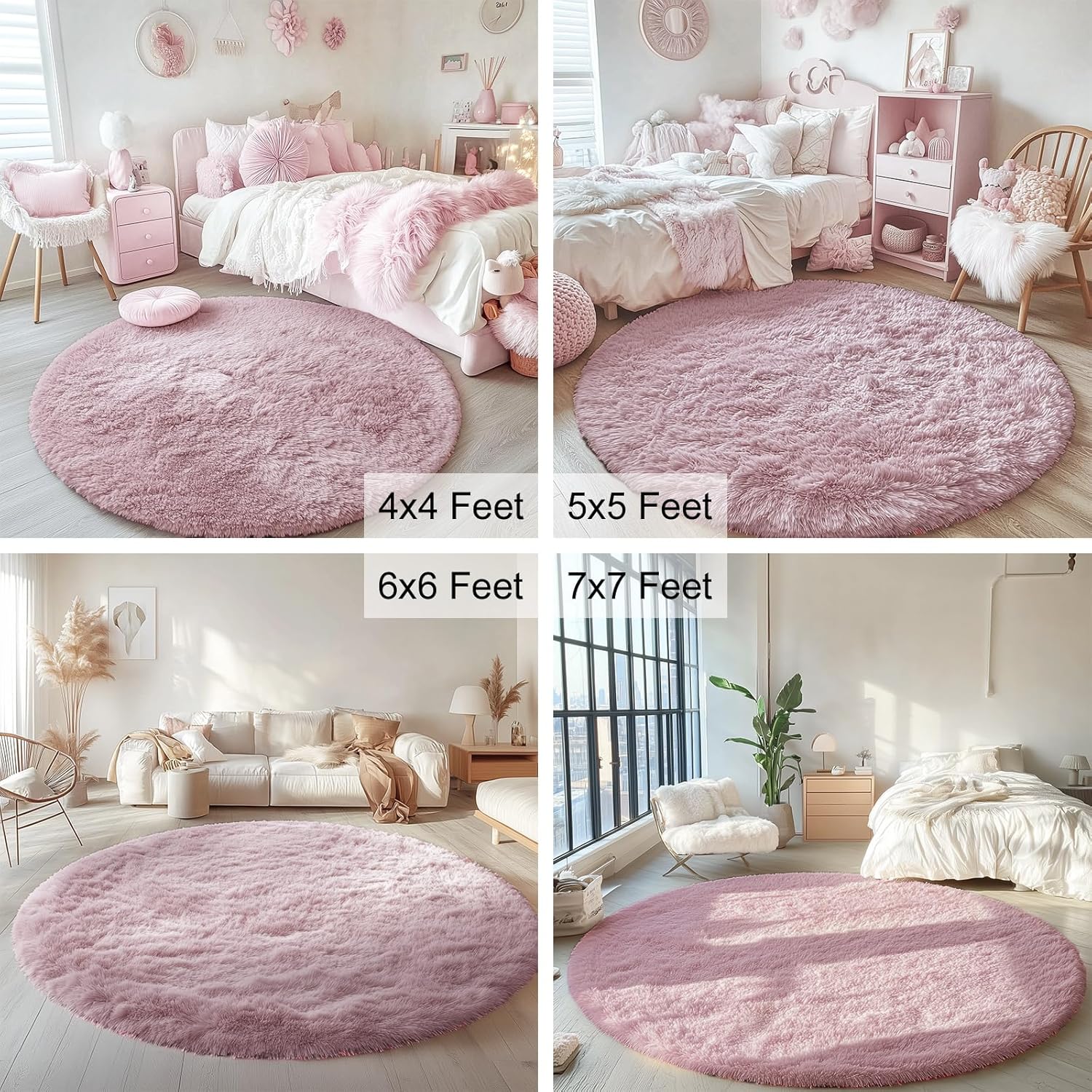OLANLY Blush Round Area Rug - Soft, Fluffy, Machine Washable 4 ft Circle Carpet for Bedroom & Living Room Decor