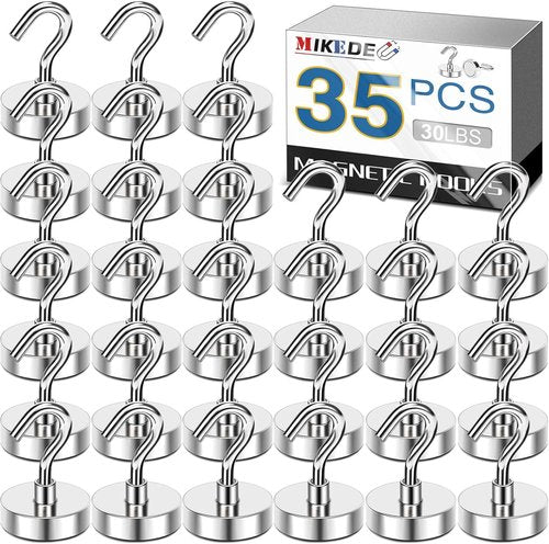 MIKEDE Heavy Duty Black Magnetic Hooks - 30LB Neodymium Strength for Outdoor & Indoor Use | 35-Pack