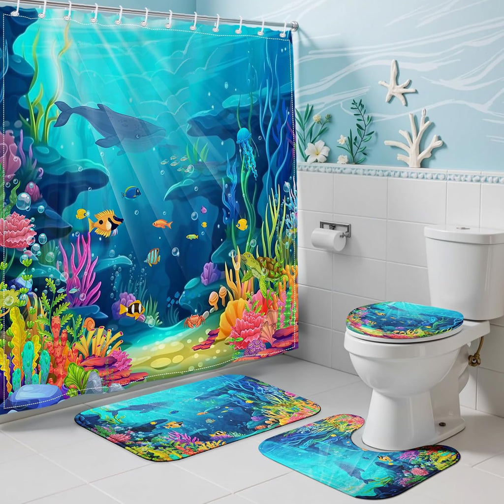 Skiennix Ocean Shower Curtain Set - Tropical Underwater World Design with Non-Slip Bath Rugs & Toilet Lid Cover | 4-Piece Kids Bathroom Decor
