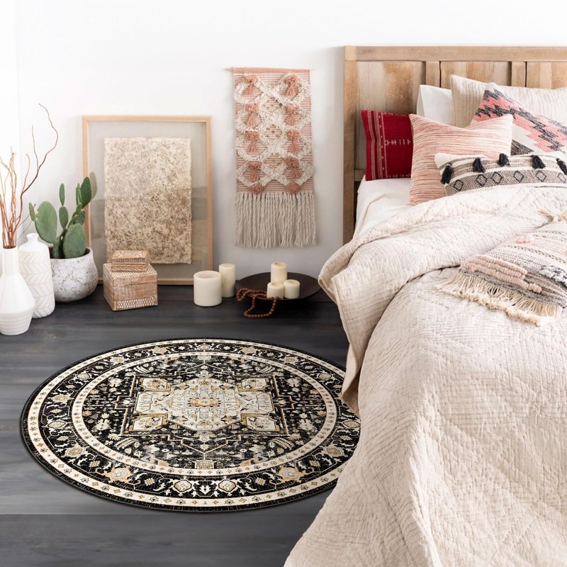 MUJOO Circle Rug 4ft,Black Round Area Rug Washable,Boho Circular Rugs for Bedroom Entryway Bathroom Living Room,Small Non Slip Throw Carpet Vintage Soft Black and Gold Floral