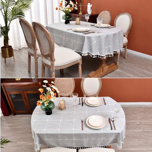 Monibana Plaid Farmhouse Gray Oval Tablecloth Cotton Linen Heavy Weight Checkered Table Covers Cloths for Dining Room Kitchen Tabletop Decoration, 54x72 Inch