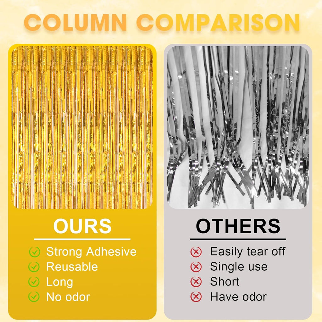 Voircoloria 3 Pack Laser Gold Foil Fringe Backdrop Curtains - 3.3 x 8.2 ft Tinsel Streamers for Parties