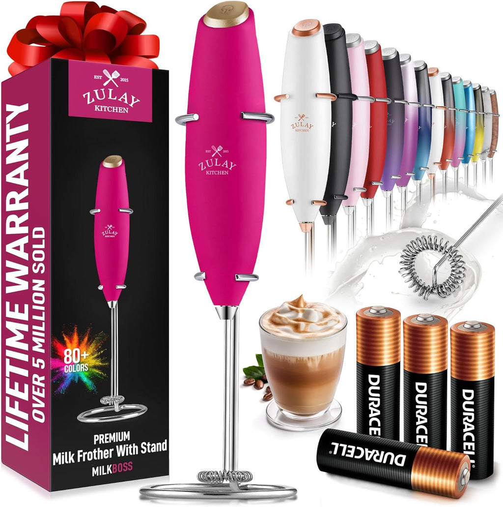 Zulay Kitchen Milk Frother Wand - Ultra-Fast Handheld Electric Whisk for Coffee & Lattes - Hot Pink Gold