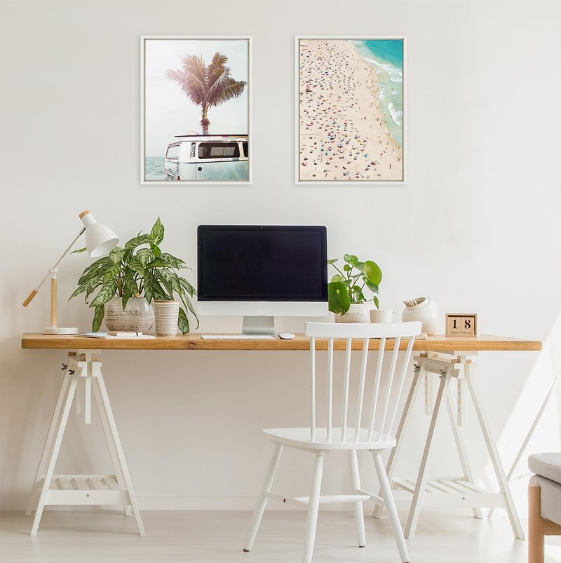 Kate and Laurel Sylvie Blue Beach Van Framed Canvas Wall Art by Amy Peterson Art Studio 18x24 White Soft Coastal Ocean Beach Art for Wall