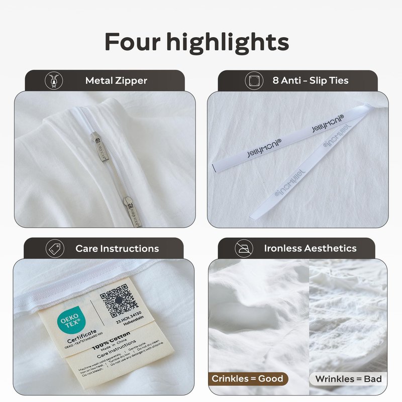JELLYMONI Bedding Duvet Cover King Size - 100% Washed Cotton Linen Feel Textured Comforter Cover, 3 Pieces Lightweight Soft Bedding Set with Zipper Closure (Off White, 104"x90")